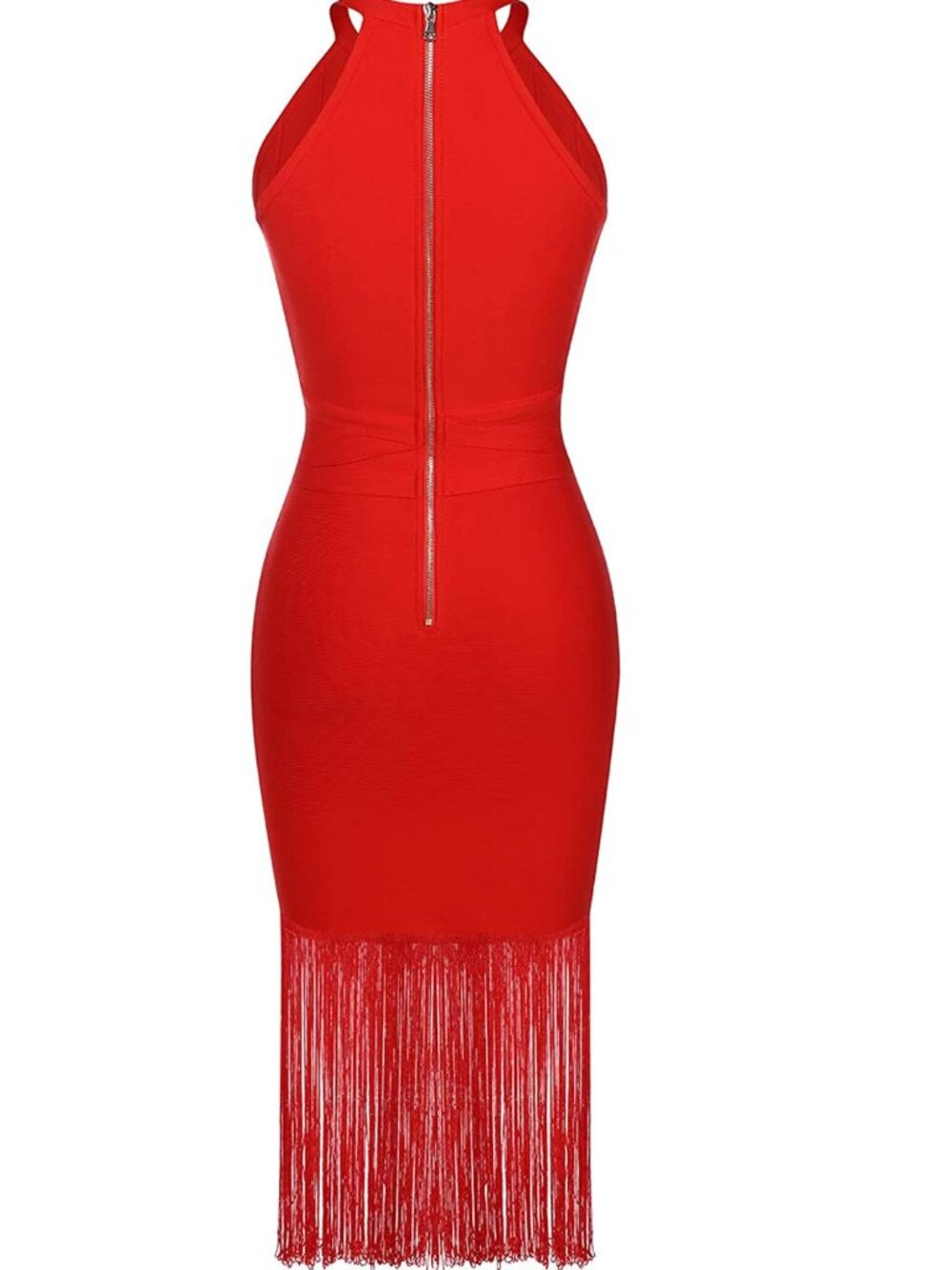 Red Fringe Hem Wrap Waist Halter Bandage Bodycon Midi Dress - Size M - Picture 7 of 8